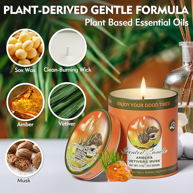 2 Pack Scented Candles (90 Total Burn Hours) - Soy Wax Candles 9 oz Each in Tin - Long Lasting Aromatherapy Candle Gift Set (Amber Vetiver Musk)