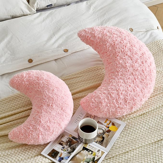 Moon Shaped Pillow with Soft Faux Fur for Couch, Bed, Sofa - Cute Half Moon Pillows with Room Decor for Bedroom, Living Room (14.9 Inches, Pink)