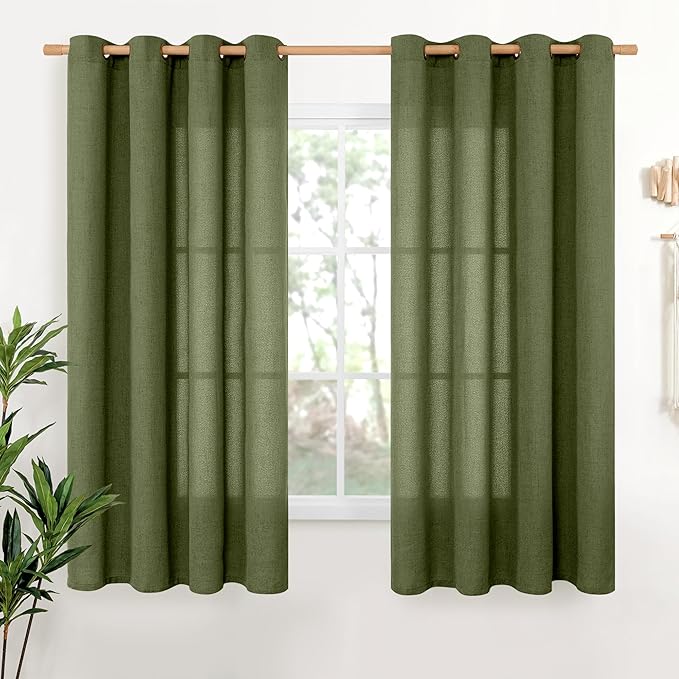 YoungsTex Olive Linen Curtains 68 Inch Length for Living Room, Light Filtering Window Drapes with Bronze Grommet Textured Privacy for Bedroom Farmhouse Decorative, 52 x 68 Inch, 2 Panels