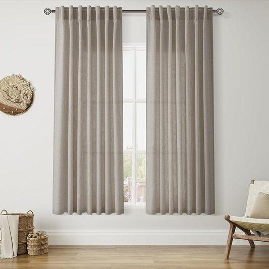 Nanspring Grey Beige Linen Curtains 63 Inch Length ffor Living Room Luxury Light Filtering Semi Sheer Curtain Back Tab Simple Modern Neutral Elegant Boho Gray Drapes for Bedroom 52x63, 2 Panels