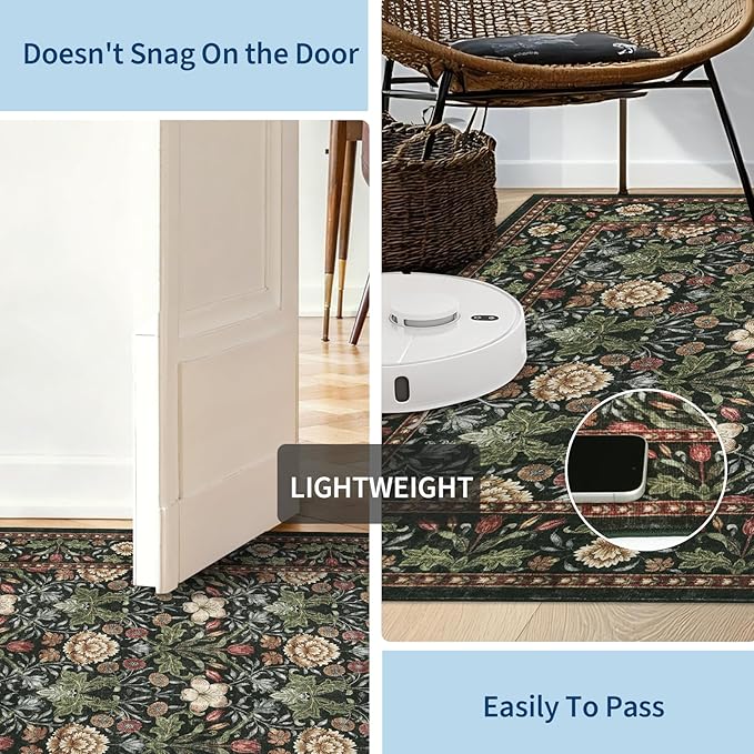 GarveeHome Washable Runner Rug 2x6, Non Slip Floral Kitchen Runner for Hallway Entryway Forest Green Laundry Bathroom Mat Farmhouse Thin Stain Resistant Carpet for Bedroom Beside Rug