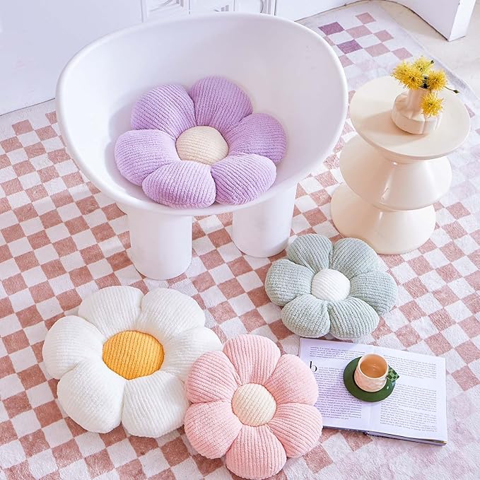 Dusty Pink Flower Decorative Throw Pillows, Cute Daisy Shaped Plush Aesthetic Pillow, Soft 19.6" Floor Seat Cushion