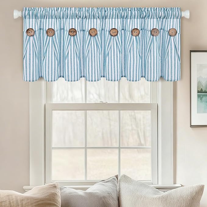ASPMIZ Farmhouse Cotton Linen Valances for Windows, Blue Striped Kitchen Curtains Valances with Rustic Buttons, Boho Window Valance for Living Room, Valance Curtains for Bathroom, 52 x 18 Inches