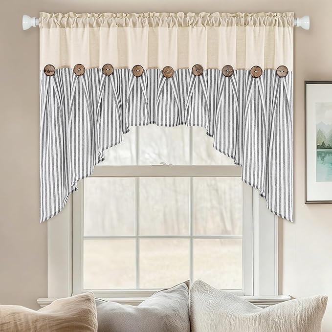 ASPMIZ Farmhouse Cotton Linen Swag Valances for Windows, Boho Kitchen Curtains Valances with Rustic Buttons, Grey Striped Window Treatments Curtain Valance for Bathroom Cafe, 61 x 36 Inch, 1 Panel