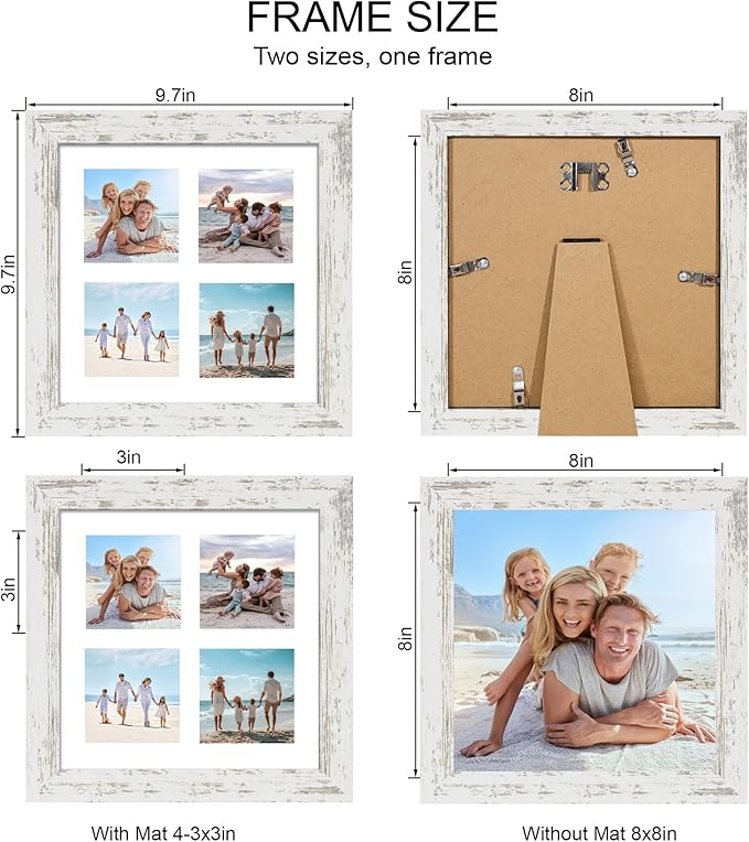8x8 Picture Frame Set of 2, with Glass and Distressed White Wood Frames, Display Collage Four Opening 3x3 With Mat or 8 x 8 Without Mat for Wall Hanging or Tabletop
