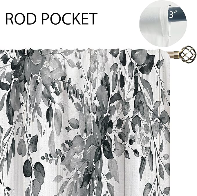 Farmhouse Grey Eucalyptus Small Kitchen Curtains Leaves Window Treatment Black White Wooden Cafe Short Curtains for Bathroom Dining Laundry Room Botanical Tier Treatment Drapes 26x36 inch