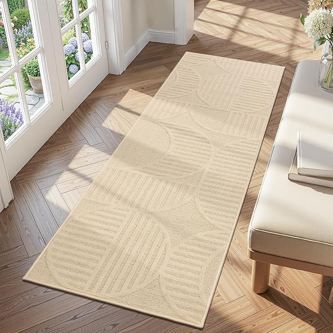 Findosom Washable Runner Rug 2x6, Geometric High-Low Textured Non Slip Hallway Runner Rug with Rubber Backing, Boho Carpet Runner for Kitchen, Bedroom, Laundry, Entryway, Bathroom, Beige