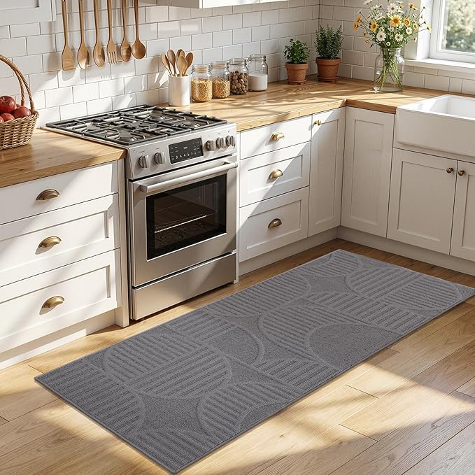 Findosom Washable Runner Rug 2x6, Geometric High-Low Textured Non Slip Hallway Runner Rug with Rubber Backing, Boho Carpet Runner for Kitchen, Bedroom, Laundry, Entryway, Bathroom, Gray