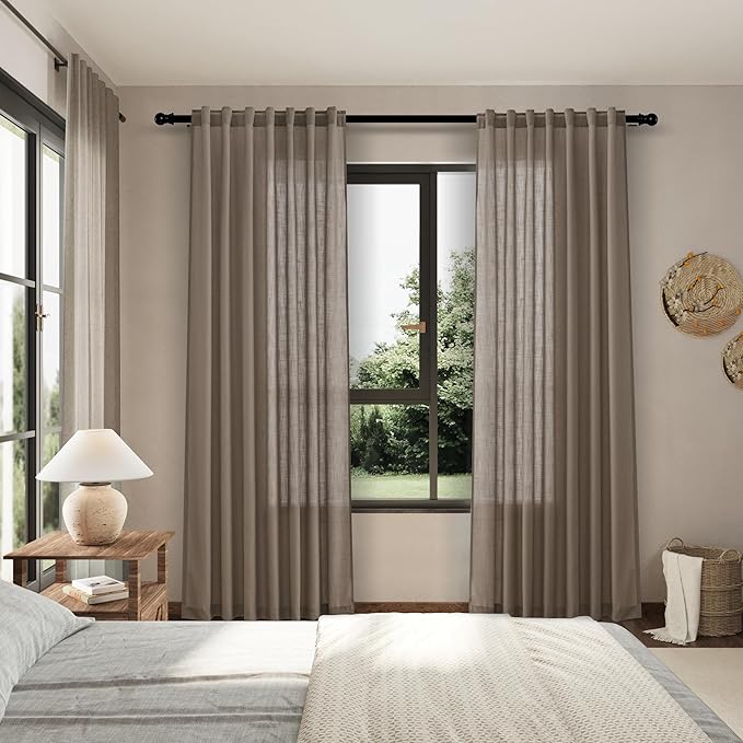 Dark Taupe Linen Curtains 96 Inches Long for Living Room 2 Panels Back Tab Pocket Semi Sheer Privacy Light Filtering Modern Farmhouse Curtains Flax Linen Bedroom Curtain Drapes for Bedroom 40x96