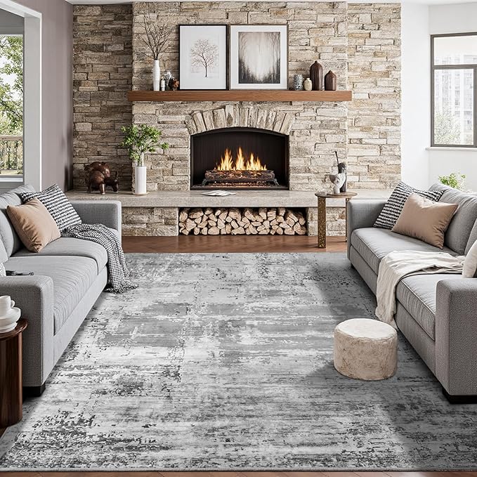 HOMORE Living Room Rug 8x10 Grey Area Rugs Non Slip Washable Rugs for Bedroom Dining Room Abstract Carpet for Farmhouse Kids Playroom Classroom