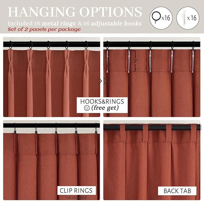 Rust Burnt Orange Fall Sheer Curtains 90 Inches Long for Bedroom 2 Panels Set, Pinch Pleated Flax Linen Light Filtering Decorative Windows Curtain with Hooks Dining Room Privacy Country Drape 7-1/2 FT