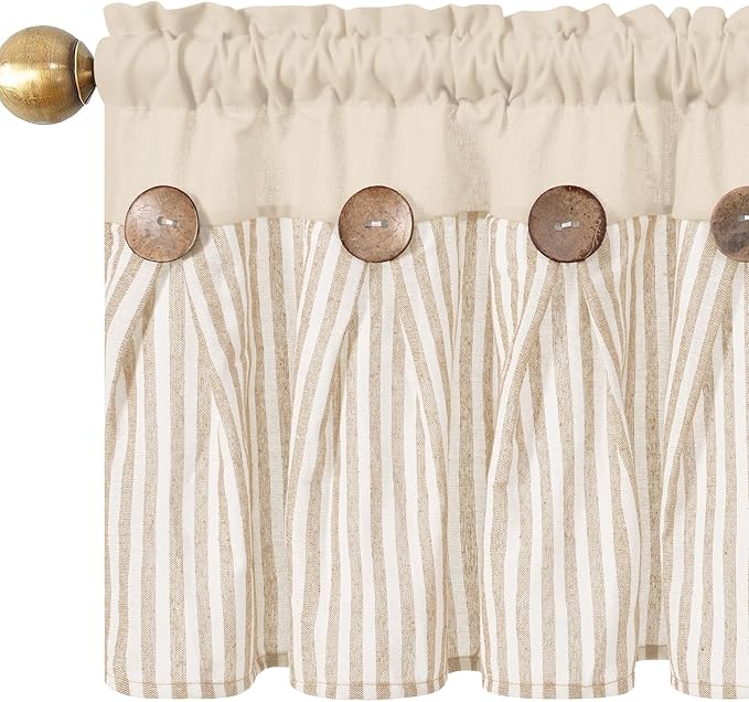 ASPMIZ Farmhouse Cotton Linen Valances for Windows, Boho Kitchen Curtains Valances with Rustic Button, Khaki Striped Window Treatments Curtain Valance for Bathroom Cafe, 52 x 18 Inch, 1 Pannel