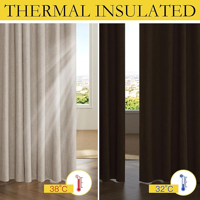 NICETOWN Oatmeal Vintage Open Linen Weave Flax Thermal Curtains, 100% Blackout Curtains 102" Long for Dining Room, Soundproof Window Treatment Drapes for Home Office, 62" Wide Per Panel, Set of 2