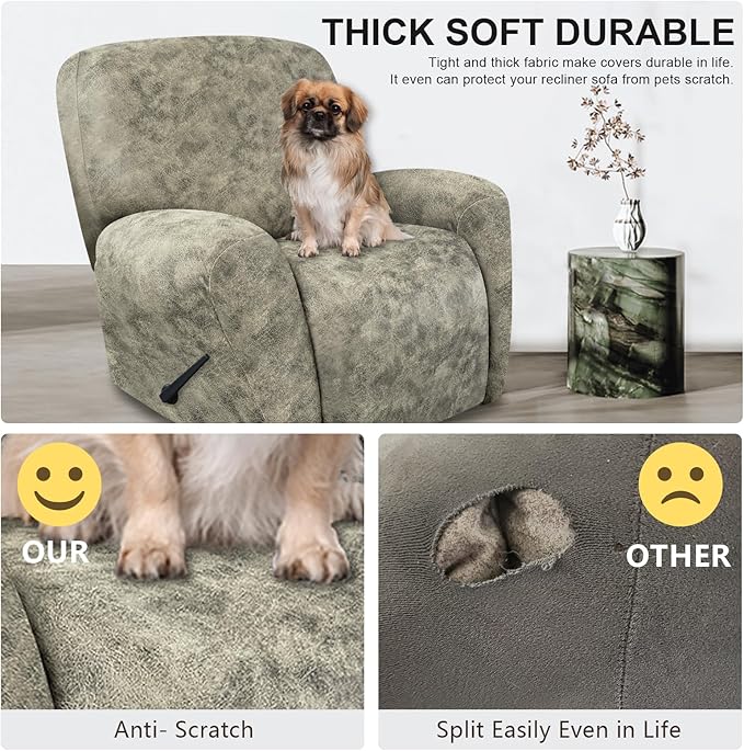 ANARACHON Recliner Chair Covers Leather Look, 4 Pieces Recliner Covers Non Slip, Soft Slipcovers for Large Recliners, Furniture Protector Washable for Pets (1 Seater, 03 Beige)