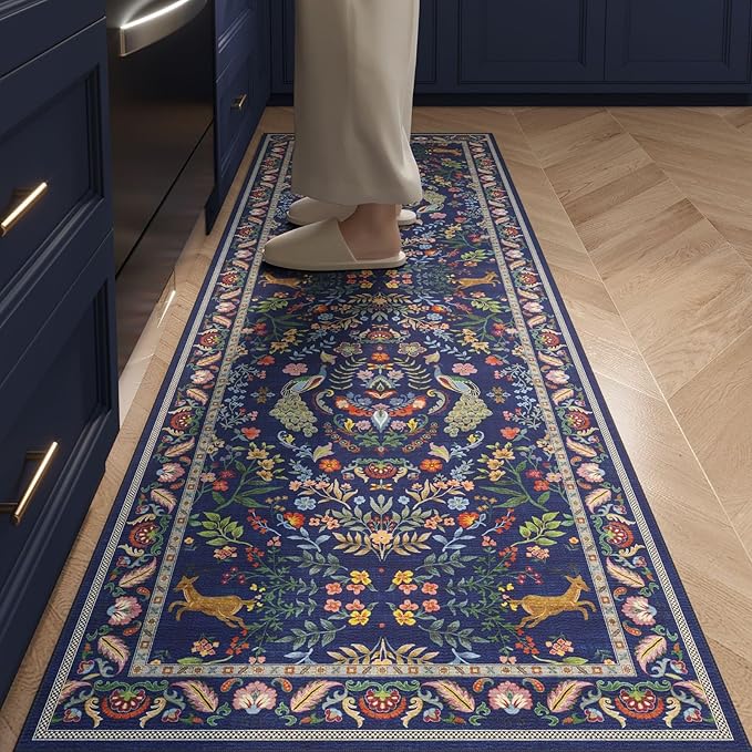 Rugcomf 2x5 Runner Rug - Floral Machine Washable Kitchen Rug, Non-Slip Low Pile Boho Carpet for Hallways, Laundry, Entryway, Bedroom, Bathroom - Blue