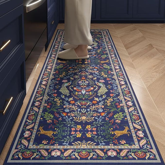 Rugcomf 2x5 Runner Rug - Floral Machine Washable Kitchen Rug, Non-Slip Low Pile Boho Carpet for Hallways, Laundry, Entryway, Bedroom, Bathroom - Blue
