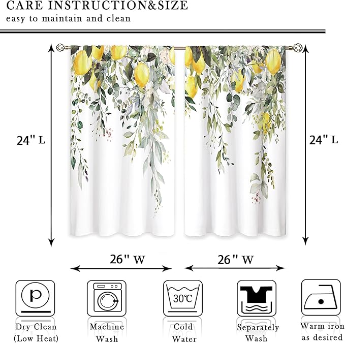 Eucalyptus Botanical Leaves Yellow Lemon Kitchen Window Curtains Herb Plant Floral Fruit Small Window Treatment Sage Green Cafe Short Curtains for Bathroom Treatment Tier Drapes 26x24 inch