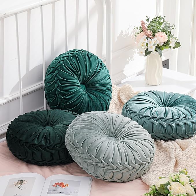 Drydiet 4 Pcs Round Throw Velvet Pillows Decorative Pleated Throw Pillows 15'' Diameter Accent Pumpkin Boho Chair Cushion for Couch Sofa Home Decoration (Sage Green)