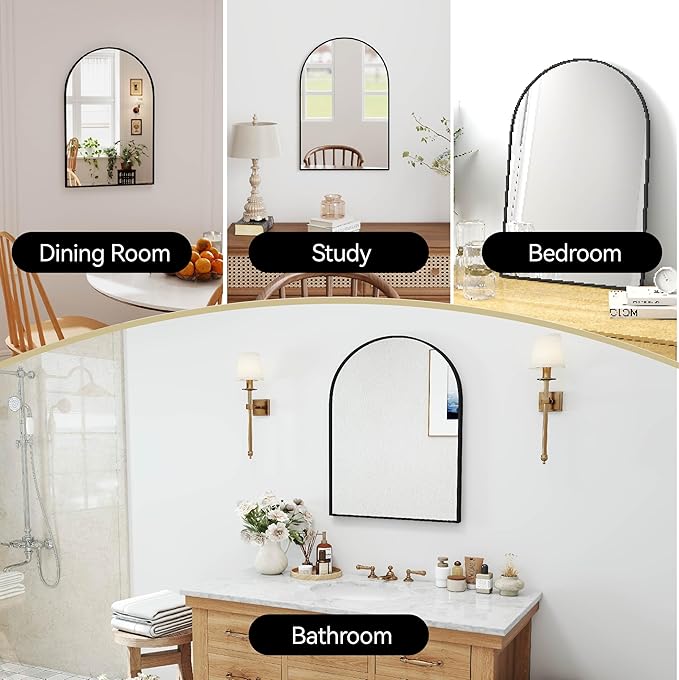 SCWF-GZ 30x20 Arch Mirror Rectangle Wall Mounted Hanging or Against Wall Aluminum Alloy Metal Frame Dressing Make-up Mirrors for Entryway Bedroom Bathroom Living Room 30 20 inch Black