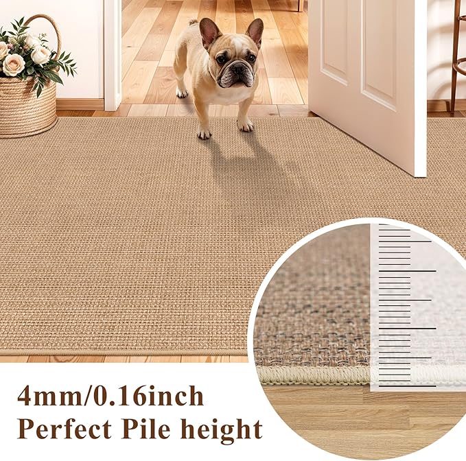 2x6 Jute Woven Runner Rug: Non-Slip Backing Solid Color Pattern - Easy Clean Carpet for Hallway Kitchen - Washable Thin Indoor Rugs for High Traffic Areas Farmhouse Home Decor (Beige,2x6)