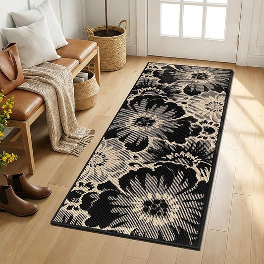 Findosom Hallway Runner Rug 2x5, Non Slip High-Low Textured Floral Washable Runner Rug with Rubber Backing, Boho Carpet Runner for Kitchen, Entryway, Bedroom, Laundry, Black & Beige