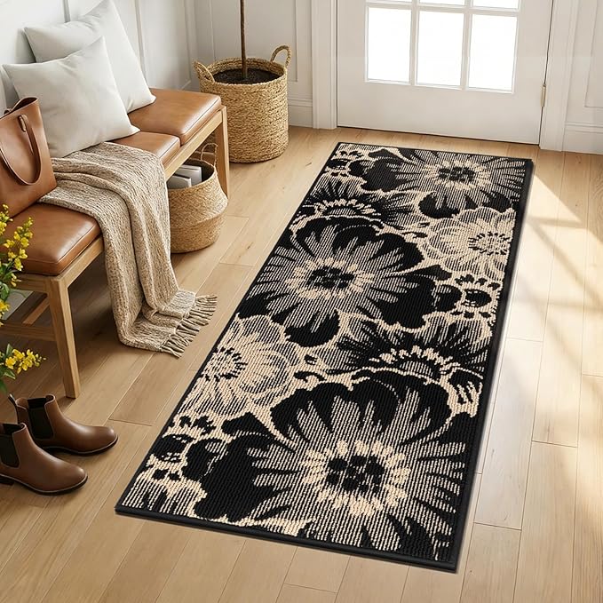 Findosom Hallway Runner Rug 2x6, Non Slip High-Low Textured Floral Washable Runner Rug with Rubber Backing, Boho Carpet Runner for Kitchen, Entryway, Bedroom, Laundry, Black & Beige