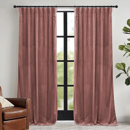 RYB HOME Dusty Pink Velvet Curtains 96 inch, Darkening Window Curtains for Living Room Energy Efficient Backdrop Festival Decor for Girls Bedroom Dining Room, Wild Rose, W52 x L96 inch, 2 Panels