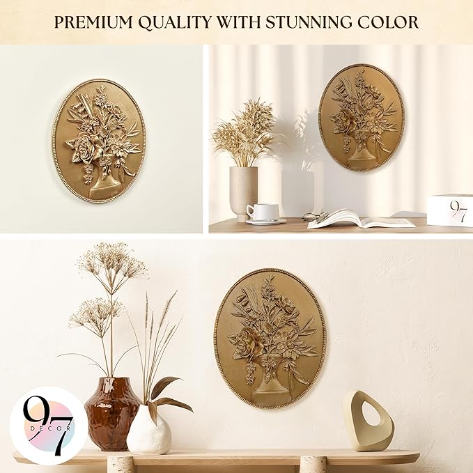 97 Decor Vintage Wall Sculptures For Living Room - Gold Vintage Wall Decor, Ornate Oval Hangings Antique Pediment Brass Floral Walls Art Gallery For Home Kitchen Bedroom Decorations