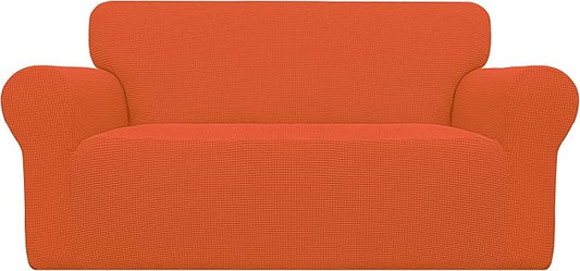 Easy-Going Stretch Loveseat Slipcover 1-Piece Sofa Cover Furniture Protector Couch Soft with Elastic Bottom for Kids Polyester Spandex Jacquard Fabric Small Checks (Loveseat, Orange)