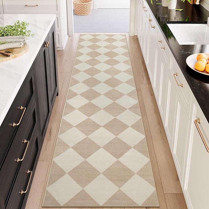 Beeiva Checkered Print Long Hallway Runner Rug Non Slip, Beige Ultra Thin 2.5x10 Washable Runner Rug, Moroccan Trellis Home Decor Faux Wool Neutral Carpet for Bathroom Kitchen Hallways, 10ft