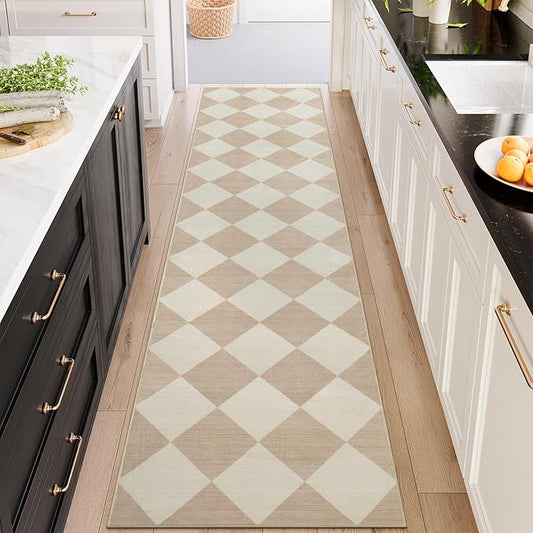Beeiva Checkered Print Long Hallway Runner Rug Non Slip, Beige Ultra Thin 2.5x10 Washable Runner Rug, Moroccan Trellis Home Decor Faux Wool Neutral Carpet for Bathroom Kitchen Hallways, 10ft