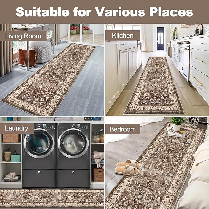 LOKHOM Washable Runner Rug, 2x8 Non Slip Vintage Hallway Runner Rug with Rubber Backing, Boho Floral Soft Faux Wool Kitchen Rug Carpet Runner for Kitchen Laundry Entryway Bedroom (Dark Brown)