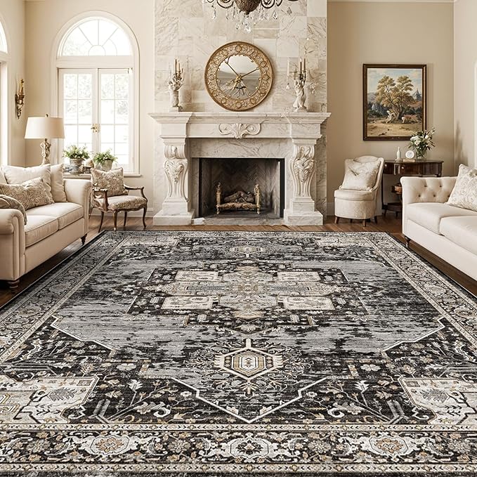 RUUGME Washable 10x14 Area Rug - Soft Area Rugs for Living Room Stain Resistant Carpet Vintage Lightweight Rugs for Bedroom with Non Slip Backing Indoor Ultra-Thin Rugs Home Decor 10x14 Black