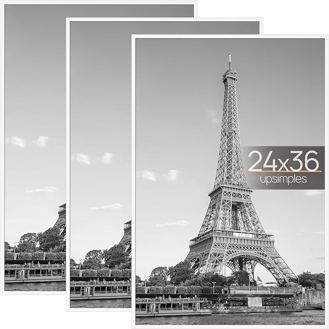 upsimples 24x36 Poster Frame White 3 Pack, Scratch-Proof Picture Frames 24 x 36 for Photo Gallery - Slide-In Strips, Horizontal or Vertical Wall Mounting