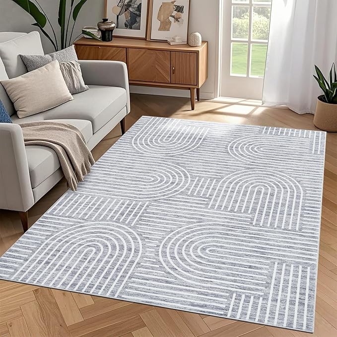 ROYHOME Washable Rug 4x6 Area Rugs for Living Room, Abstract Rug for Bedroom, Soft Rainbow Non Slip Throw Rugs with Rubber Back, Low Pile Stain Resistant Boho Geometric Carpet for Dining Room, Ash