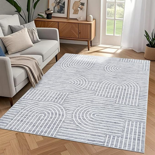 ROYHOME Washable Rug 4x6 Area Rugs for Living Room, Abstract Rug for Bedroom, Soft Rainbow Non Slip Throw Rugs with Rubber Back, Low Pile Stain Resistant Boho Geometric Carpet for Dining Room, Ash