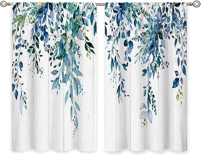 Farmhouse Teal Eucalyptus Small Kitchen Curtains Blue Leaves Window Treatment Turquoise Wooden Cafe Short Curtains for Bathroom Dining Laundry Room Botanical Tier Treatment Drapes 27.5x39 inch