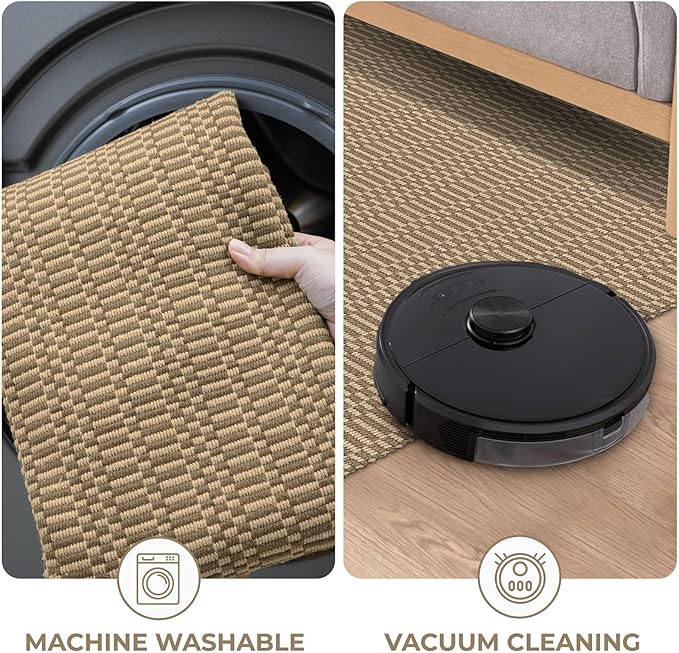 KOZYFLY Washable Runner Rug 2x8 Ft Runners for Hallway Rubber Backed Kitchen Runner Rugs Braided Cotton Entryway Runner Indoor, Carpet Runners for Hallway Entryway Bedroom, Beige/Khaki