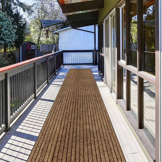 Runner Rug 2 ft x 25 ft Indoor/Outdoor Low Profile, Hallway, Kitchen, Patio, Deck Area, RV, Entryway, Garage, with Non-Slip Rubber Backing, Brown with Brown Stripe, Custom