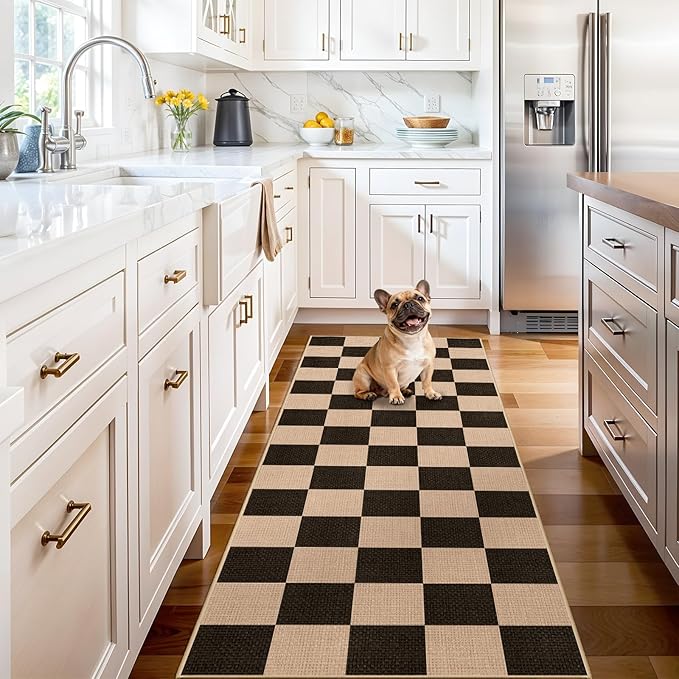 2x6 Jute Woven Runner Rug: Non-Slip Backing Diamond Pattern - Easy Clean Carpet for Hallway Kitchen - Washable Thin Indoor Rugs for High Traffic Areas Farmhouse Home Decor (Black，2x6)