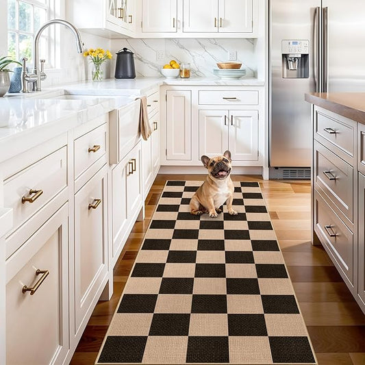 2x6 Jute Woven Runner Rug: Non-Slip Backing Diamond Pattern - Easy Clean Carpet for Hallway Kitchen - Washable Thin Indoor Rugs for High Traffic Areas Farmhouse Home Decor (Black，2x6)