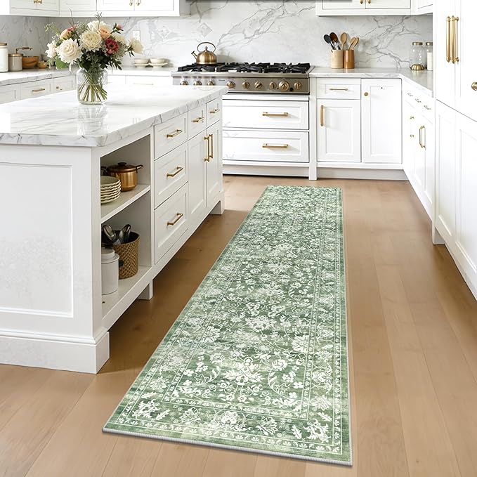 LOKHOM Washable Runner Rug, 2x8 Green Non-Slip Vintage Hallway Runner Rug with Rubber Backing, Boho Floral Soft Faux Wool Kitchen Rug Carpet Runner for Laundry Entryway Bedroom (Tender Green)