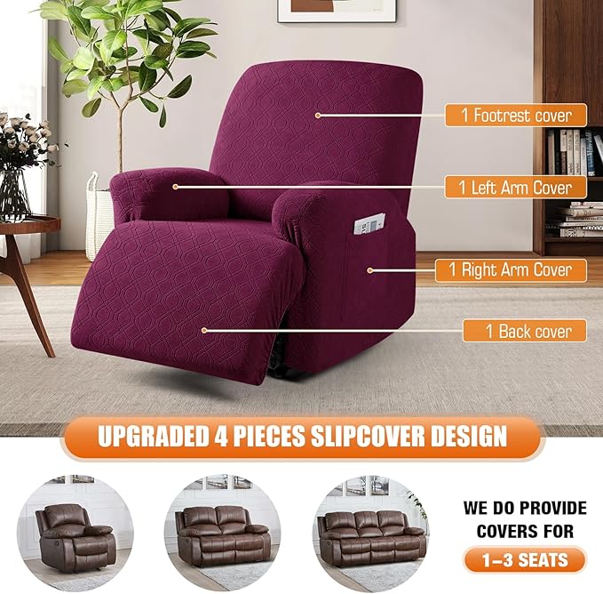 VANSOFY Oversized Recliner Chair Cover, 4-Pieces Stretch Recliner Covers for Recliner Chair Soft Reclining Chair Slipcover Jacquard Pattern Furniture Protector for Dogs Cats(Burgundy)