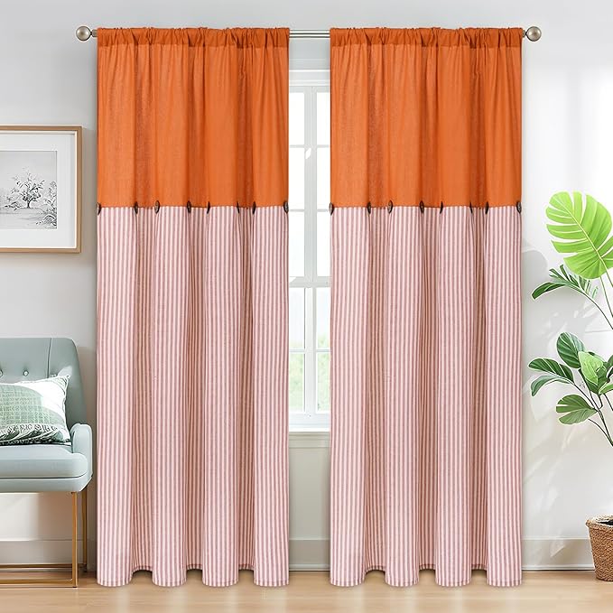 ASPMIZ Cotton Linen Curtains for Living Room, Rod Pocket & Back Tab Boho Curtains for Bedroom, Country Farmhouse Striped Curtain with Rustic Buttons, Home Decor, Orange, 52 x 84 Inch, 2 Panels