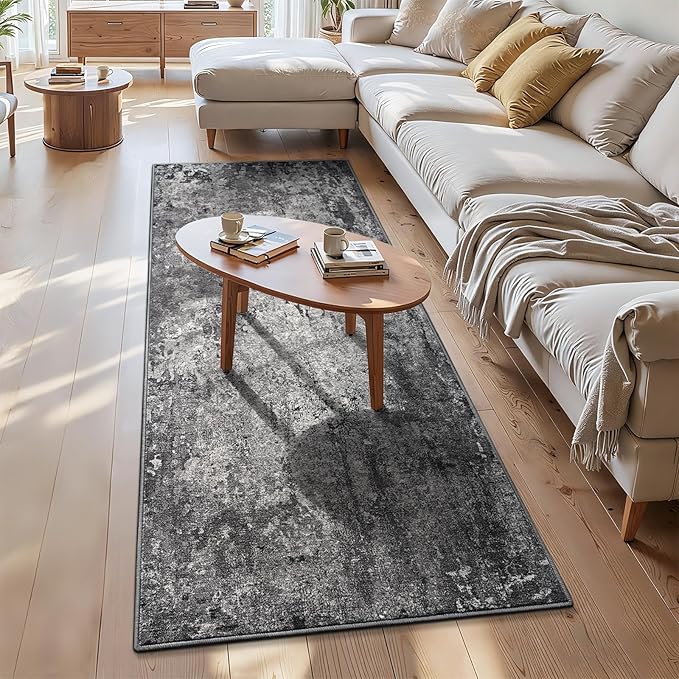 3x7 Black Rug Runners for Hallways Kitchen Runner Rug Non Slip Washable Black Long Runner Rugs with Rubber Backing Soft Abstract Carpet Runner for Bedroom, Kitchen, Bathroom, Entryway