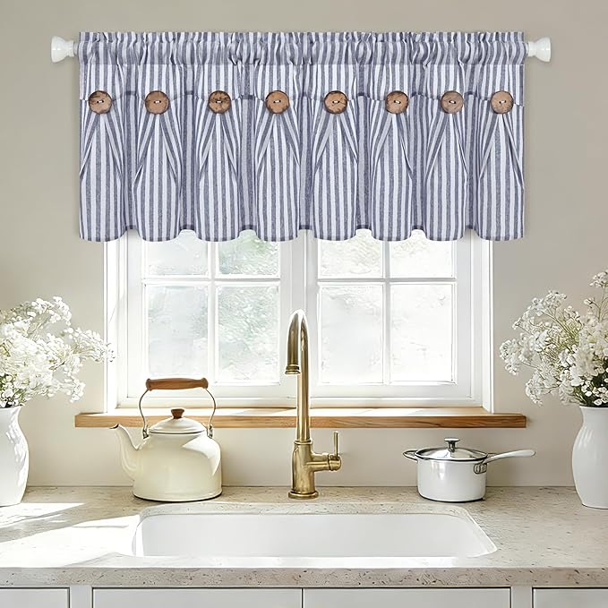 ASPMIZ Farmhouse Valances for Windows, Cotton Linen Kitchen Curtains Valances with Rustic Buttons, Blue Striped Window Valance for Living Room, Boho Valance Curtains for Bathroom, 52 x 18 Inches