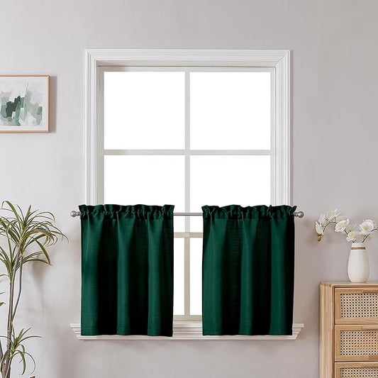 Chyhomenyc Christmas 2 Panels Hunter Green Curtains 24 Inch Length, Faux Linen Textured Small Cafe Curtain Tiers, Light Filtering Short Camper Curtains for RV Window Bathroom, 30x24 Inch, 2PCS