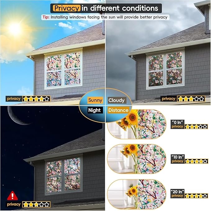Rainbow Window Privacy Film Decorative, 3D Decals Stained Glass Clings, Static Cling Sticker, Suncatcher Windows Cover Tint for Home, 35.4 Inch x 157.4 Inch