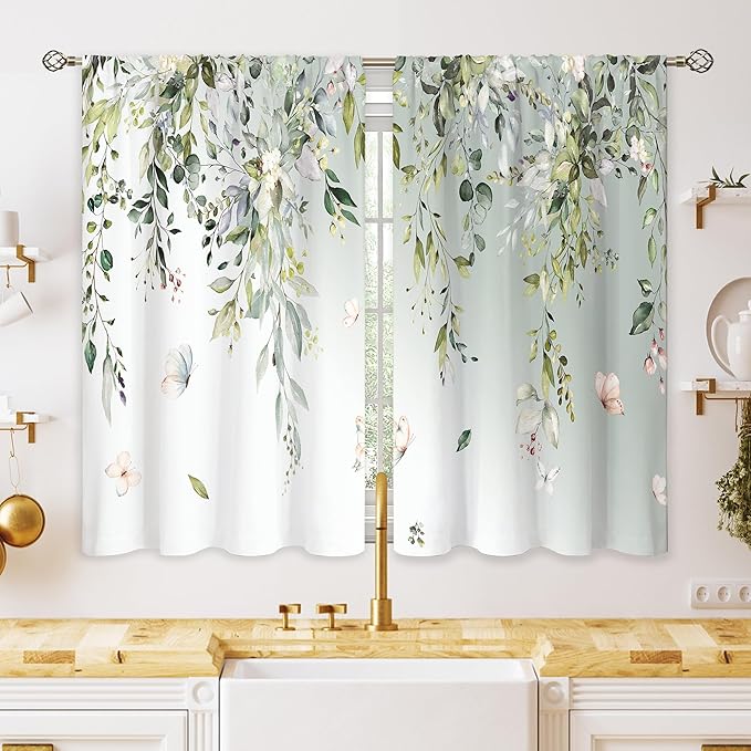 Sage Eucalyptus Botanical Leaves Floral Window Curtains Butterfly Farmhouse Flower Leaf Rod Pocket Sage Green Curtain Drapes Curtains for Bedroom Living Room Treatment 2 Panels 42Wx45H Inch