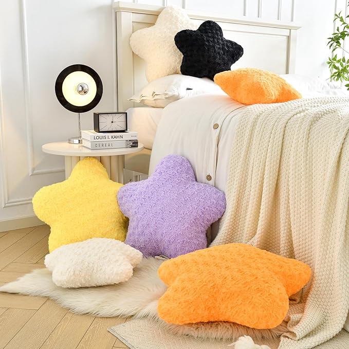 Star Pillow, 19.7" Star Shaped Plush Pillow for Couch Bed Sofa, Cute Decorative Throw Pillows with Soft Faux Fur Room Decor for Bedroom Living Room (Black)